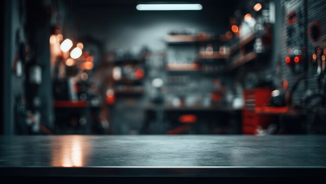 Empty metal workbench table top in a blurred industrial workshop or garage background