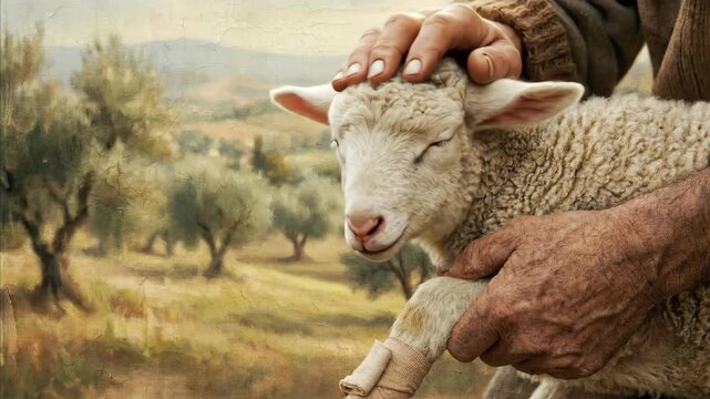Shepherd hand holds and gently pets a lamb with a bandaged leg in an olive grove setting, illustrating care and healing footage.