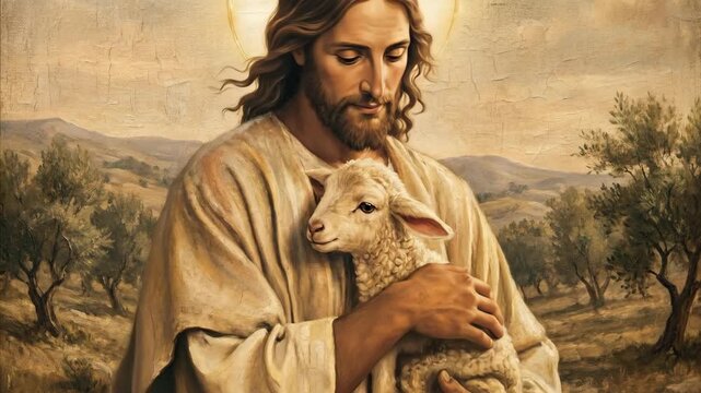 Jesus Christ, the good shepherd, holding a lamb in a serene landscape  painting for religious devotion video
