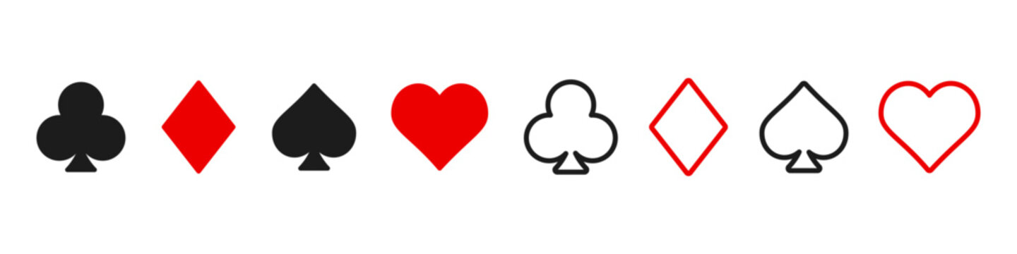Four playing card suits icons set featuring a black spade and diamond and red club and heart in flat and outline styles