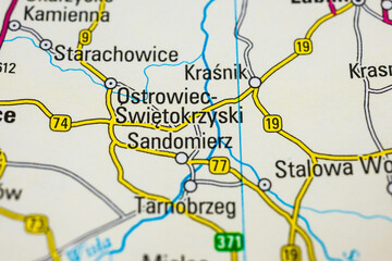 Naklejka premium swietokrzyski region map emphasizing sandomierz and transport corridors.