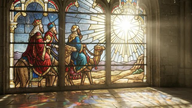 Three kings on camel journey with shining nativity star in a stained glass church window, religion concept animation