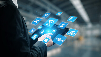 Mechanized industry automation and modern production system with robotic arms, gears, tools and logistics for efficient mechanized industry process. Gist