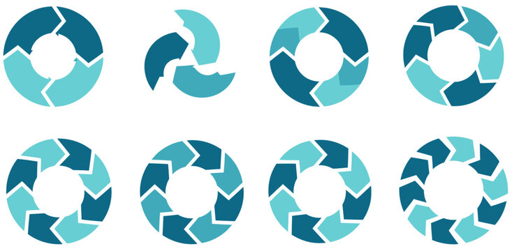 A collection of circular arrow diagrams and process flow charts in various shades of blue and teal, illustrating cycles and continuous processes.