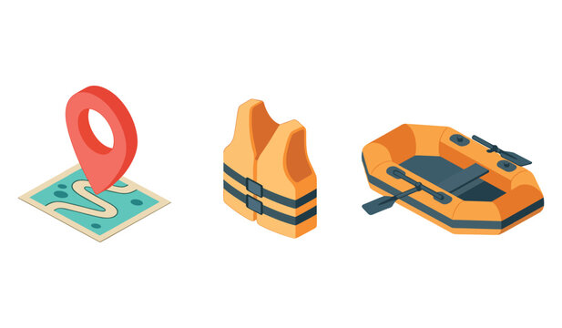 Map location pin, life vest, inflatable raft icons - travel and safety essentials