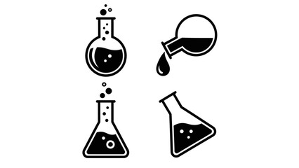 Obraz premium Set of four black and white chemical laboratory flasks and beakers with bubbling liquids and pouring liquid