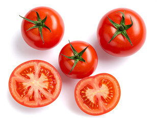 Fototapeta premium Tomatoes! Four complete, glossy red, one halved, isolated on bright white background