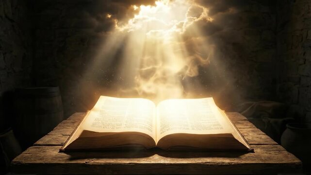 Open holy bible receives rays of divine light with pages turning, symbolizing revelation revelation and spiritual guidance.