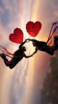 Romantic skydivers forming heart with hands beneath two heart parachutes at sunset silhouette couple