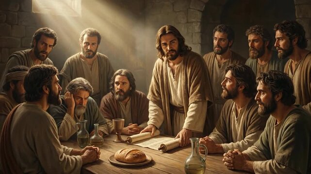 Men and Jesus at table teaching, reading from scroll, in a religious setting with bread and oil, footage