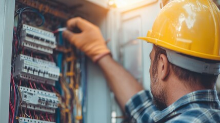 Professional electrician in yellow hard hat working with electrical fuse box panel