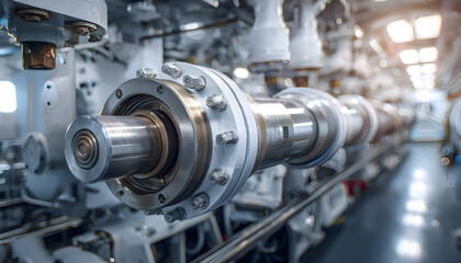 Rotating shaft line of main propulsion plant of passenger ship with intermediate bearings, sensors and pipe lines. Shaft is a link between engine and propeller which is used for ship moving