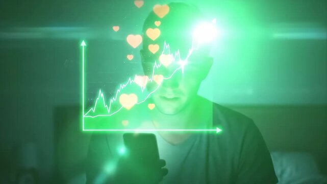 Young man with smartphone studying social media growth graph and rising engagement hearts