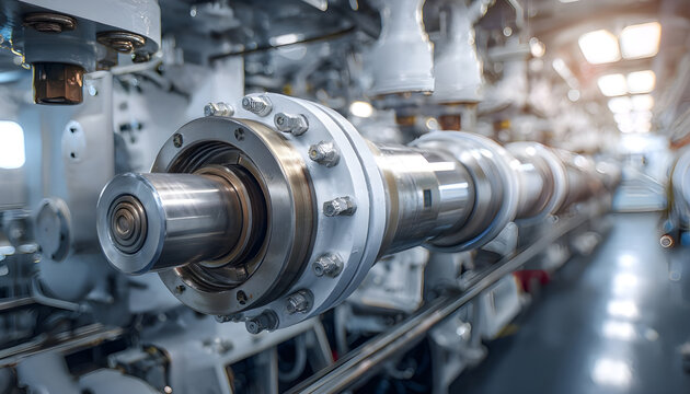 Rotating shaft line of main propulsion plant of passenger ship with intermediate bearings, sensors and pipe lines. Shaft is a link between engine and propeller which is used for ship moving