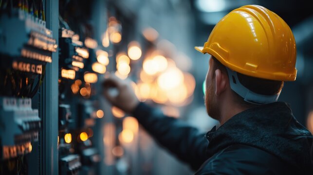 Professional electrician in yellow hard hat working on electrical panel in dark factory