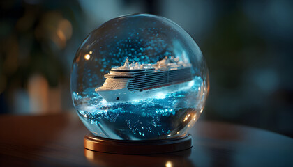 A futuristic cruise ship sailing through a digital ocean inside a glass ball standing on a table. A cyberspace travel simulation concept.