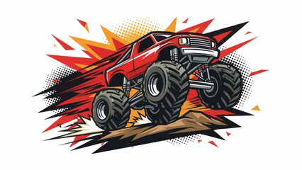 Red monster truck illustration with off road tires and burst elements © Muh