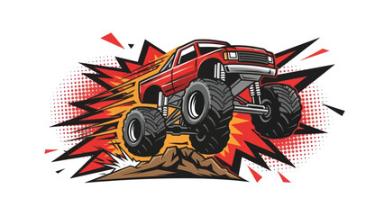 Red monster truck jumping over hills illustration against white background © Muh
