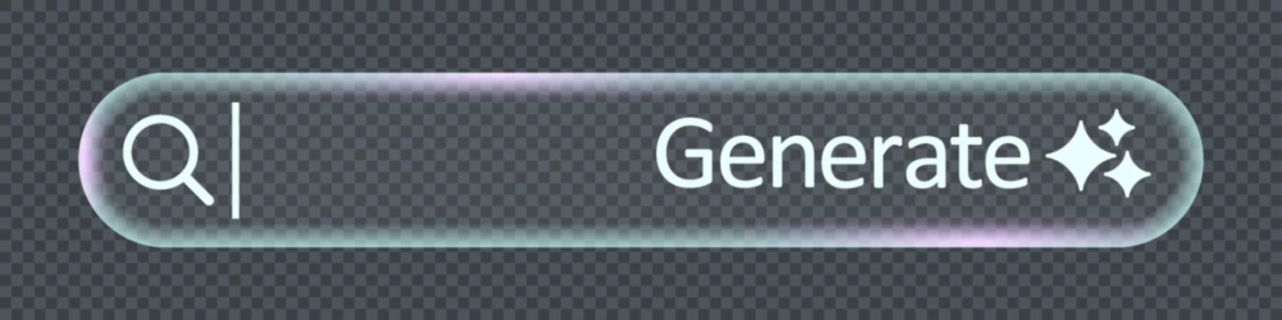 Transparent Ai search bar, futuristic glass morphism style design, generate button with sparkling star
