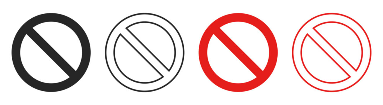 Prohibition sign set, caution warning circle crossed out, no entry sign, red stop icon
