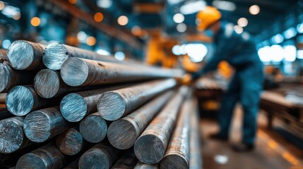 Stack of round steel metal bars in a manufacturing factory with worker in background