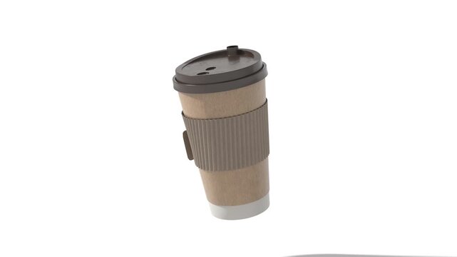Paper Coffee Cup floating above white background. Takeaway paper coffee cups flying. Loop, 4k, 3d render.