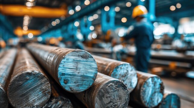 Close up of round steel metal bars in a manufacturing factory with worker in bokeh background