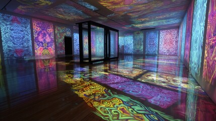 Fototapeta premium Colorful kaleidoscope light patterns reflected in art gallery.