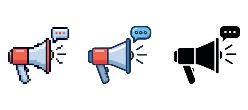 Set of megaphone icons with speech bubbles in various styles