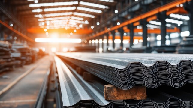 Stacked corrugated metal roofing sheets in a large industrial manufacturing plant with sunlight