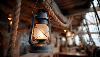 Bright lantern hangs on ceiling swinging at rolling OF pirate ship and illuminating cabin with light close low angle shot