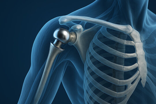 Detailed medical illustration of artificial shoulder joint prosthetic replacement