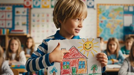 A blond elementary student proudly displays his house drawing during a class presentation, surrounded by classmates in a vibrant educational environment with natural indoor lighting. - Powered by Adobe
