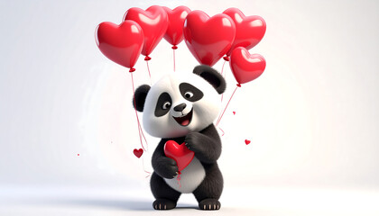 Cartoon panda holding a heart, surrounded by red heart balloons on a white background