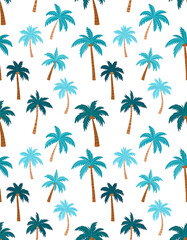 Palm tree pattern. Teal, turquoise fronds atop brown trunks on a white background