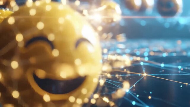 Abstract network of smiling face emojis connected by glowing lines and dots.
