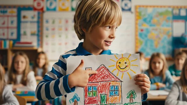 A blond elementary student proudly displays his house drawing during a class presentation, surrounded by classmates in a vibrant educational environment with natural indoor lighting.