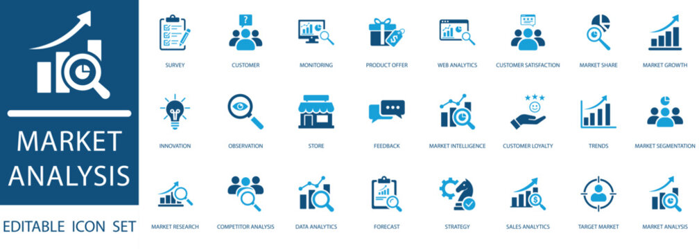 Market analysis icon set featuring survey, strategy, market research, customer survey, and marketing intelligence symbols for web and app design.