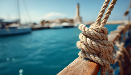 Fototapeta premium Close-up nautical knot rope tied around stake on boat or ship, boat mooring rope. Marine rope on the ship. The ship leaves the port. Lighthouse. Mooring rope. Ship in the harbor.