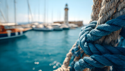 Fototapeta premium Close-up nautical knot rope tied around stake on boat or ship, boat mooring rope. Marine rope on the ship. The ship leaves the port. Lighthouse. Mooring rope. Ship in the harbor.