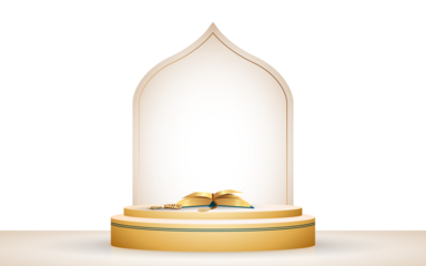 Islamic arch with Quran on golden pedestal transparent background