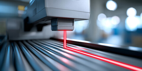 Close-up of industrial laser scanning machine inspecting metal pipes on conveyor belt in manufacturing facility