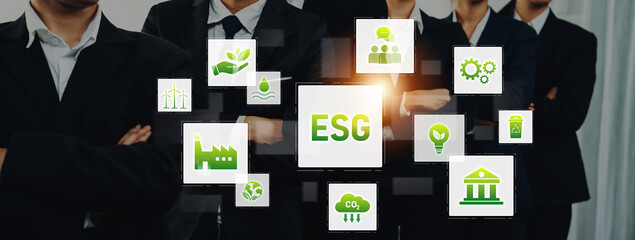 Group of professionals showcases ESG principles in a modern setting with diverse icons representing sustainability, ethics, and corporate responsibility for a brighter future. Trope