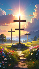 Three crosses stand in a colorful meadow under a radiant sun with rolling hills in the distance