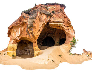 Carved sandstone rock formation featuring dark caves. Ground is sandy