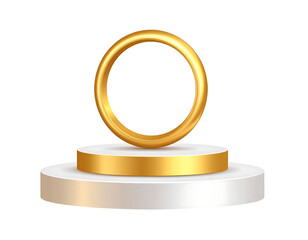 Golden ring on white pedestal