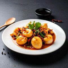 Squid stir-fry on white plate with herbs, red chilies, and wooden spoon