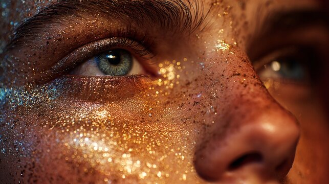 Editorial close-up w/ metallic face accents, soft gradient backdrop, artistic lighting, expressive eyes, fine art fashion photography