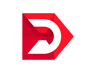 Geometric Red arrow shape containing a stylized, white, curved "D" on a dark background