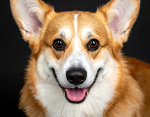 Cute corgi face, head-on shot. Tan & white fur with big ears, bright eyes, and happy expression